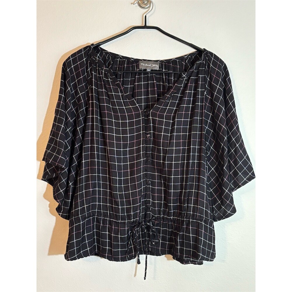 Michael Stars Blouse Womens XS Black Plaid Button Front Tie Waist